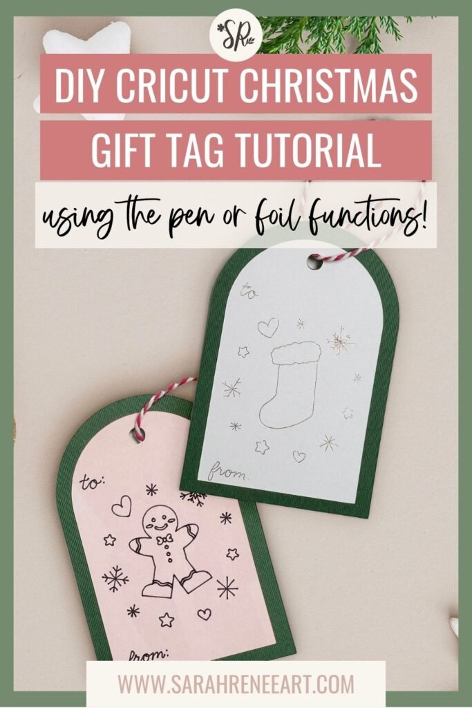 two pink, green and white Cricut Christmas tags made from cardstock paper, featuring gold foiling, a gingerbread man and a stocking